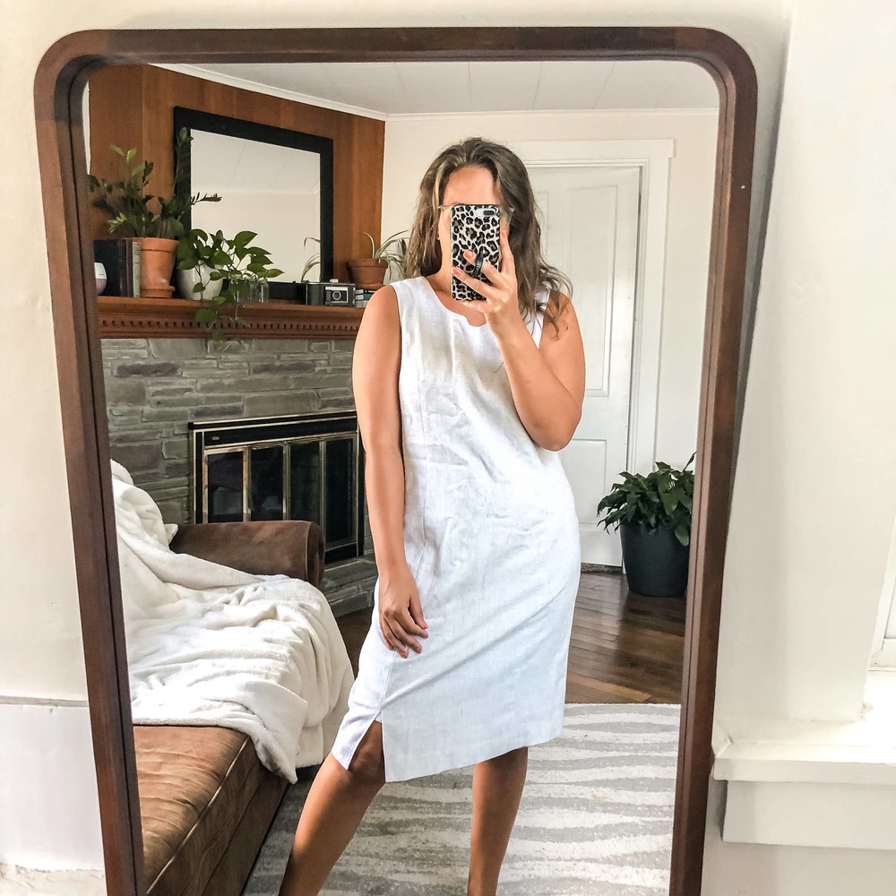 VINTAGE | Women's Size 14 Oatmeal Linen Blend Sheath Dress Sleeveless Front Slit